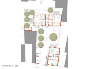 Erdgeschoss: Hinterhaus mit 2 Wohnungen mit 2ZKB Terrasse – Vorderhaus mit 3ZKB Terrasse