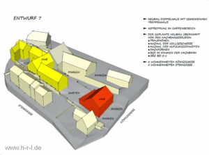 Entwurf 3: Bestand erhalten und kompakter Neubau im unteren Bereich